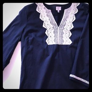 Crown & Ivy Beach Tunic Navy Blue white Trim XS